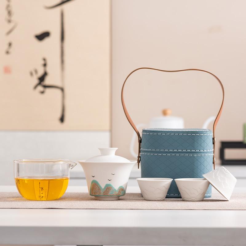 Hand-painted Glaze Painting Distant Mountain Travel Tea Set, One Pot, Three Cups, Outdoor Portable, High-end Business Commemorative Gift