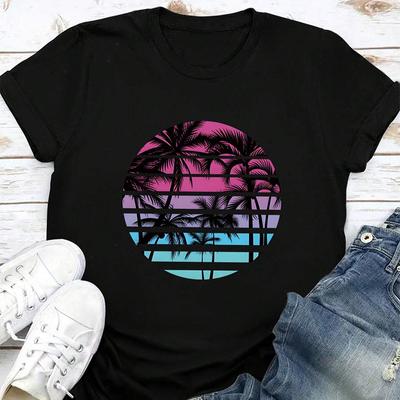 Moda feminina desenho animado coqueiro estampa camiseta engraçada casual gola redonda manga curta camiseta verão camiseta feminina