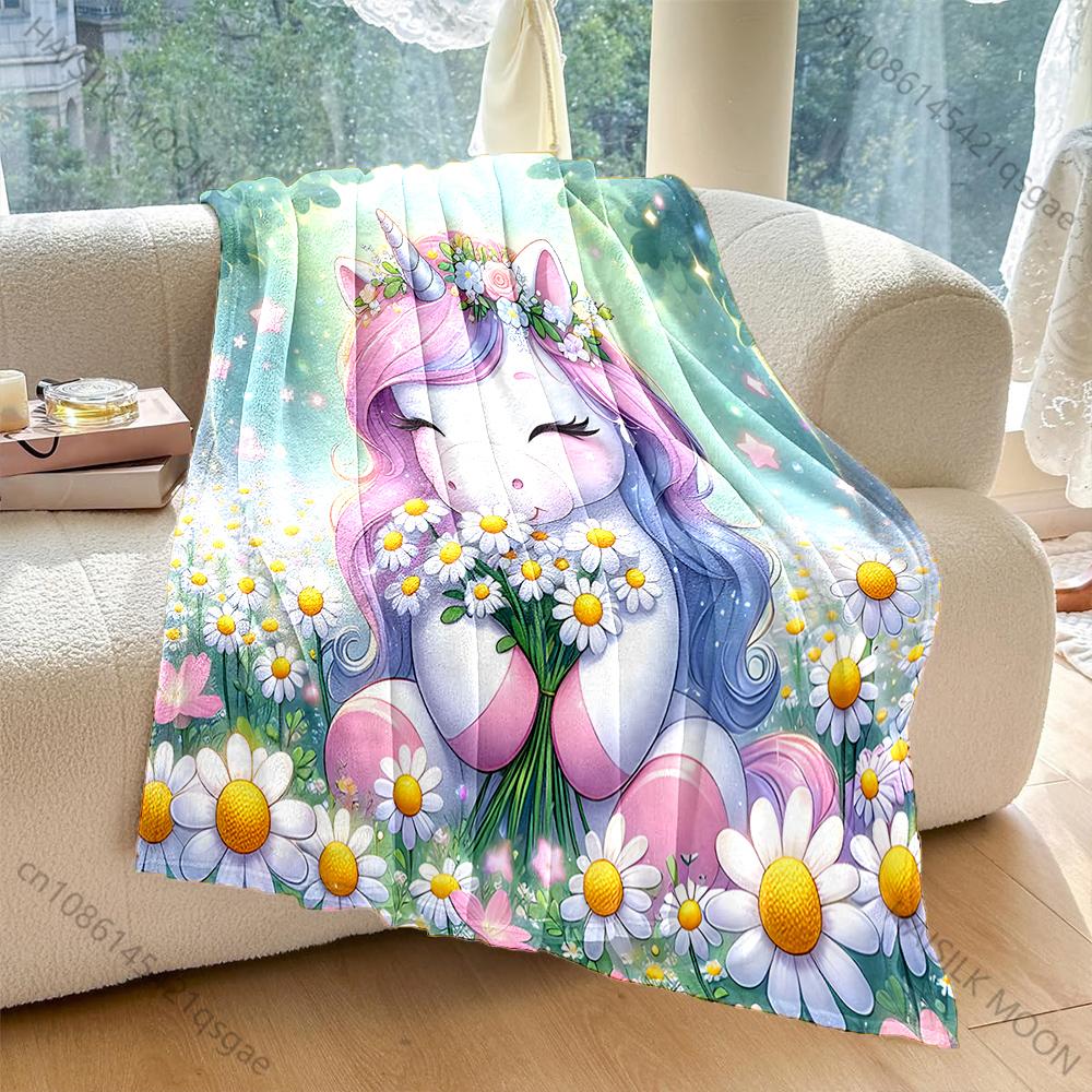 Cartoon Unicorns and Daisies Print Blanket Warm Soft Luxury Gifts for Children Adults Suitable for Home Sofa Bed Travel RV