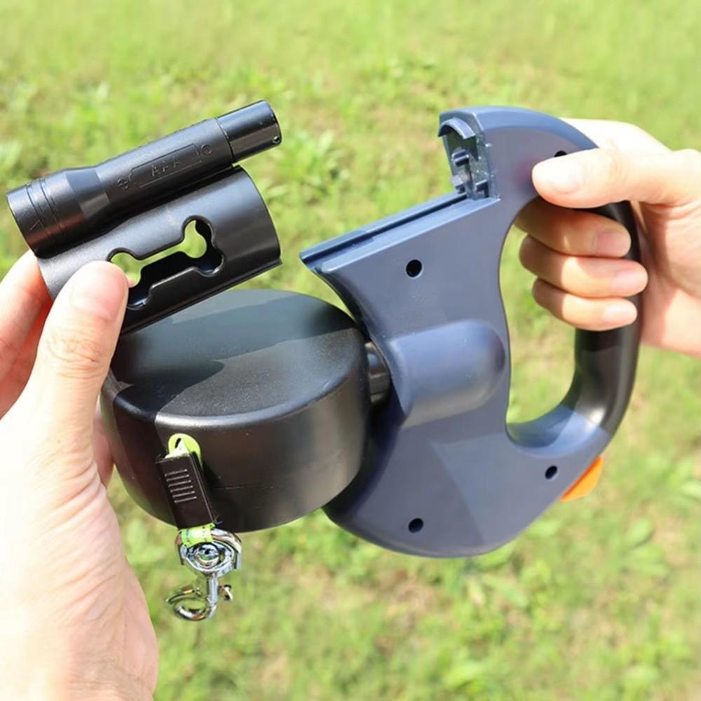 New With Flashlight Dual Dog Retractable Leash Poop Bag Holder Retractable Dog Tractions Rope 360° Rotating LED Lights Dog Chain