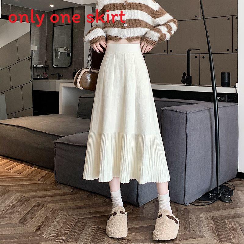 Cotton Blend Knit Midi Skirt With High Waist And Pleats For Fall Winter Fashion