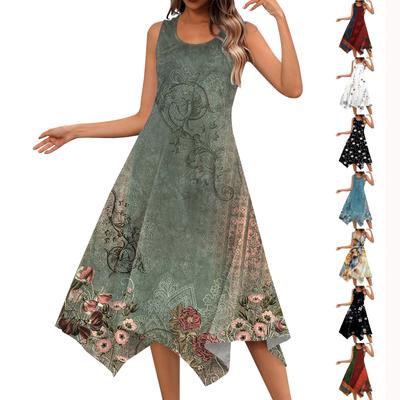 Women's Casual Fashion Round Neck Sleeveless Print Irregular Hem Midi Dress