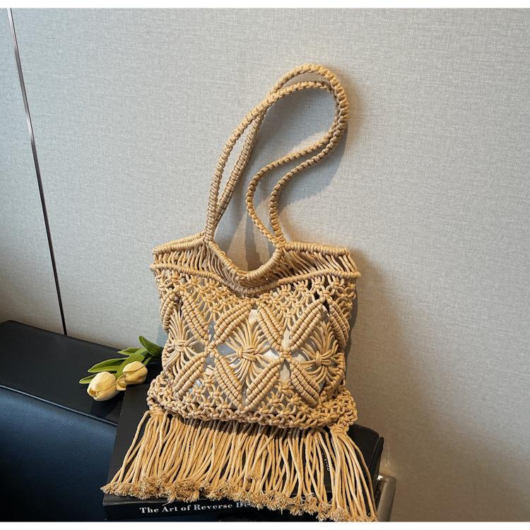 

Сумка из хлопка ручной вязки, плетеная сумка из соломы, новая универсальная, большая вместимость, полая пляжная сумка хаки