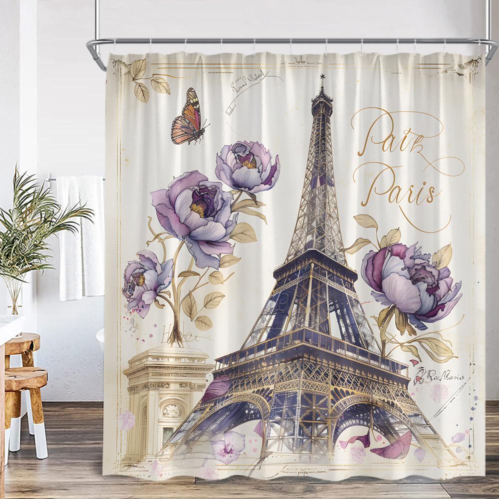 Paris Eiffel Tower Vintage Shower Curtain Purple Flower Old Newspaper Pattern Bathroom Decor Retro Bathtub Curtain with Hook