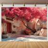 2D Bougainvillea Blossom Alley Backdrop, Stone Courtyard Photo Background for Studio