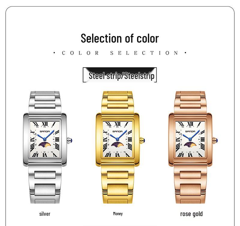 Sanda Women's Retro Quartz Waterproof Watch with Roman Numerals, Moon Phase, and Light Luxury Design - Square Model 9122.