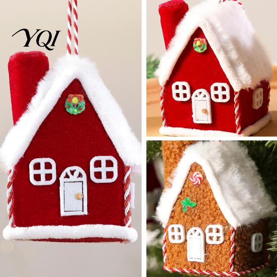 Miniature Cabin Tabletop Decor Plush Christmas House Hanging Ornament, Fabric Gingerbread Pendant with Reusable Festive Scene Accessory Rope,