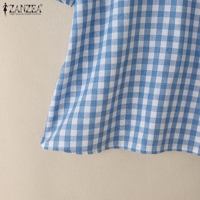 ZANZEA Damen Patchwork Rundhals Casual Kurzarm Bluse mit Karomuster