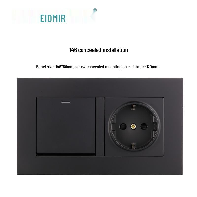 Black 16A German Standard Socket Panel with Double USB + Type C, Concealed European Installation