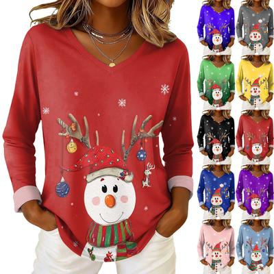 Damen Weihnachtsprint Casual V-Ausschnitt Langarm Oberteil
