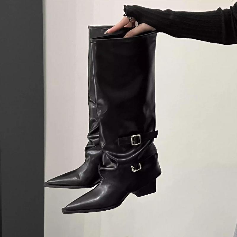 Retro Thick Heel Pants Boots Pointed Boots Long Boots Women's 2025 New Autumn and Winter Black Stacking Boots Long Knight Boots