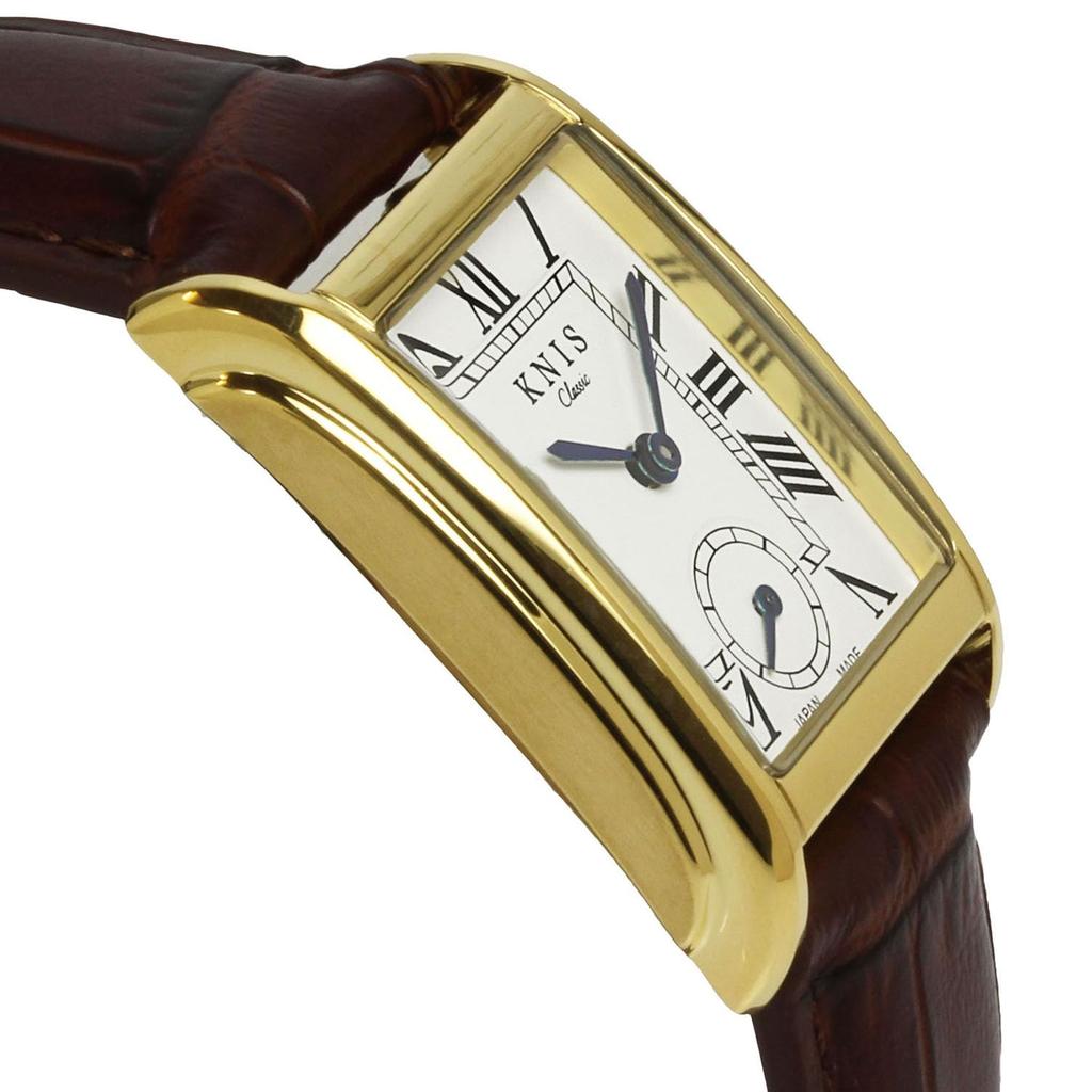 KNIS Classic Rectangular Quartz Watch for Men and 3 ATM Water White Roman Gold Crocodile Embossed Leather (Nis) Japanese-made Women, Resistant, Dial,
