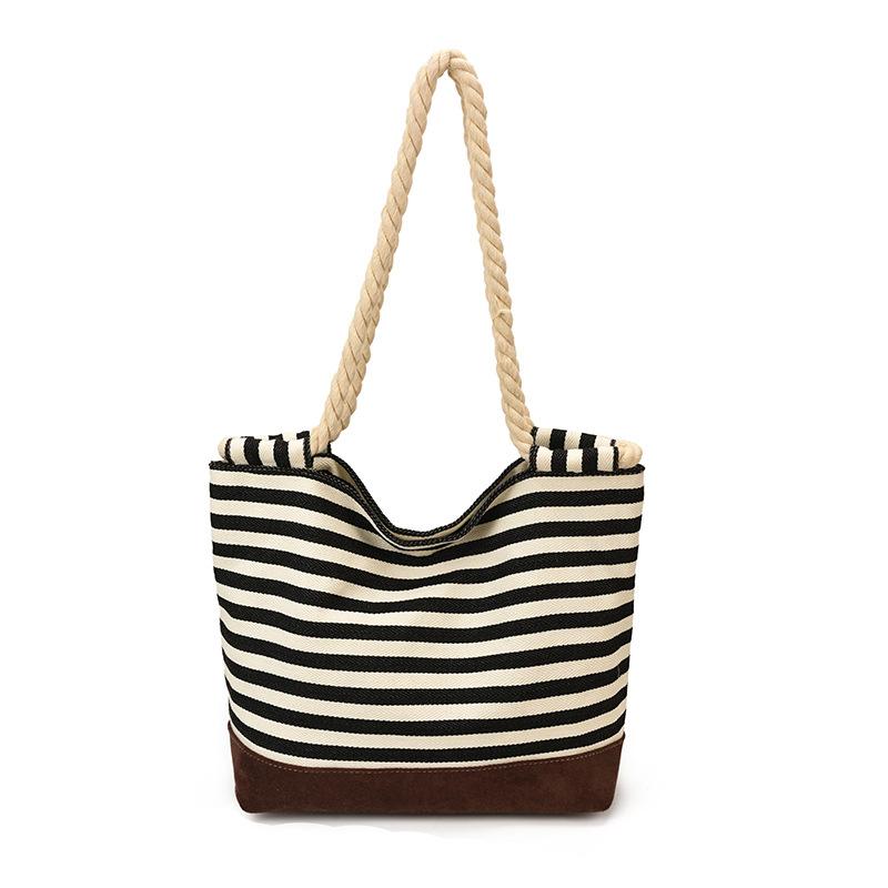 Striped Tote Bag Rope Handle Casual Beach Shoulder Purse Large Capacity