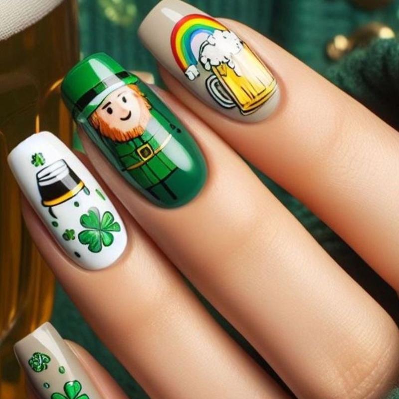 

24 Pcs Shamrocks Full Cover Stick on Nail Saint Patricks Day False Nail Glossy Press On Nail Green Acrylic Nail 1