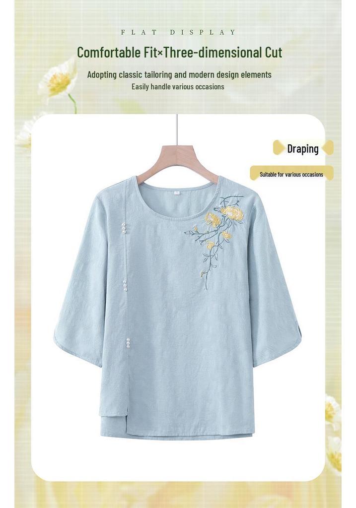 Mom's 2026 Chinese Embroidered Mid-Sleeve Shirt - New Loose Slimming Top for Middle-Aged Women