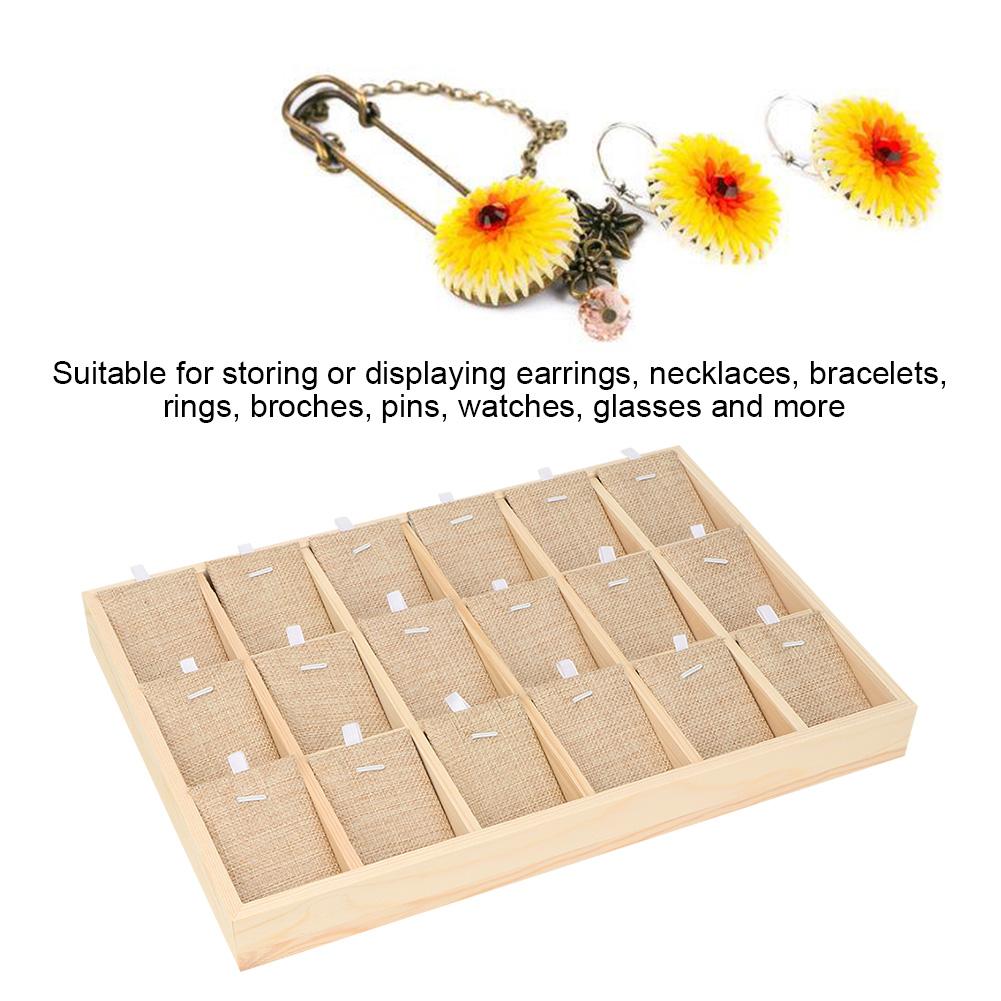 Wooden Velvet Jewelry Display Tray Showcase Storage Case For Earring Bangle Necklace (18 Slots)