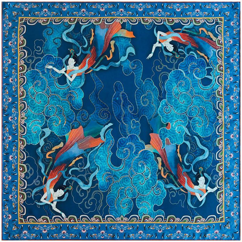 Guochao Classic Dunhuang Feitian Goddess Plain Crepe Satin Curled Edge 110cm Mulberry Silk Silk Scarf Female Manufacturer 110*110CM