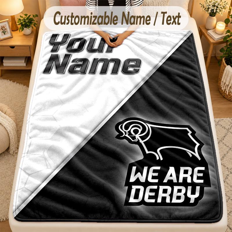 Flannel BlanketDerby County Custom Name Text Personalized Soft Warm Throw Blanket Home Decor Gift