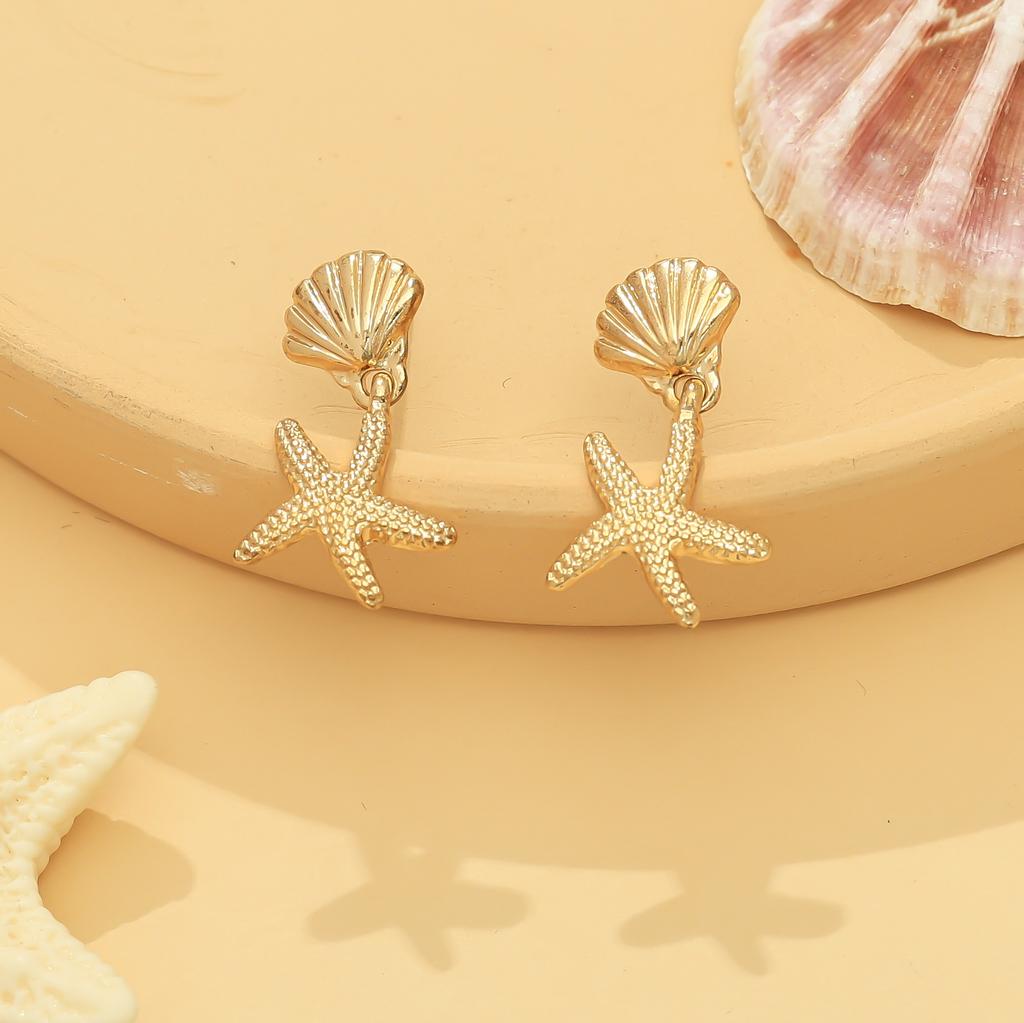Beach vacation fashion fine jewelry metal shell starfish fringed women stud earrings