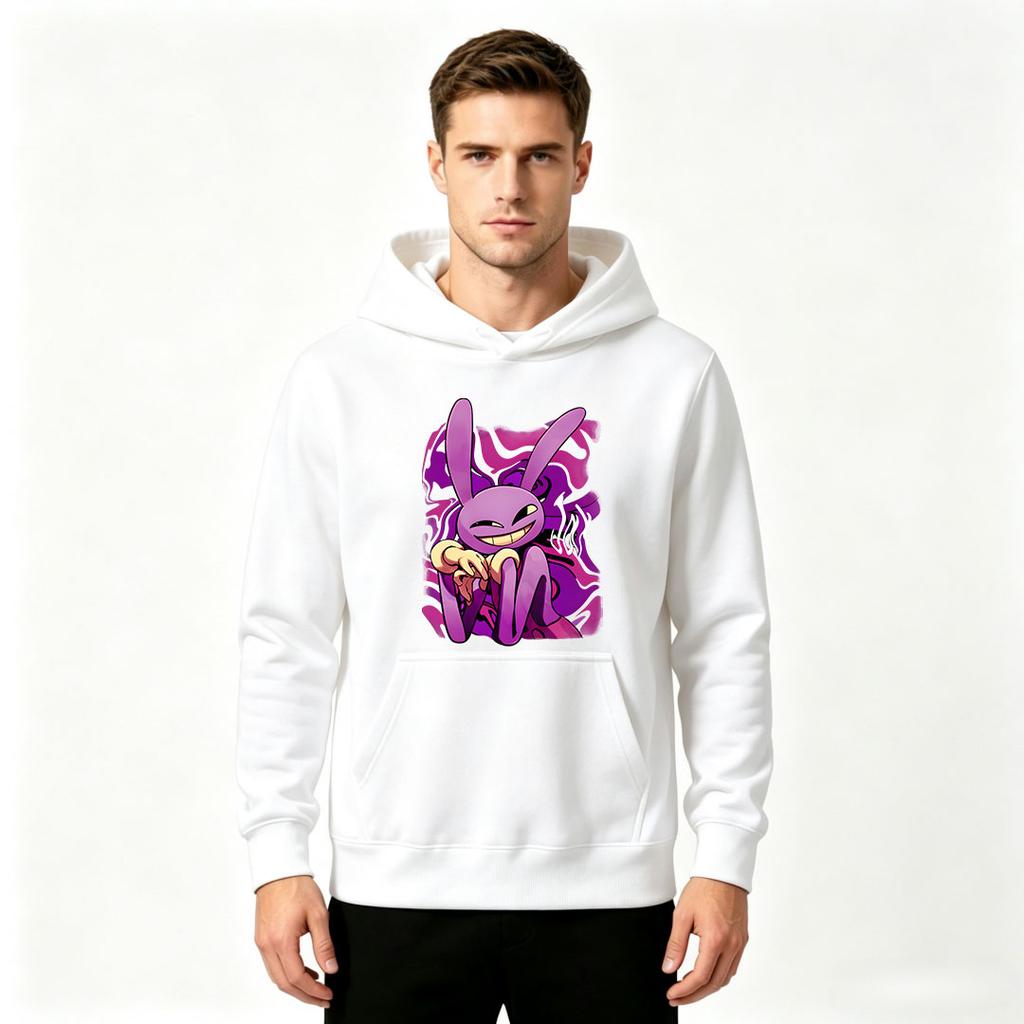 Men's Casual Pullover Hoodie, Funny Purple Bunny Cartoon Print Long Sleeve Sweatshirt for Daily Wear