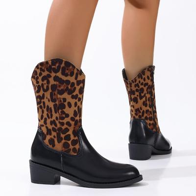 Large Size Leopard Print Medium Boots Women's Autumn and Winter New Low-heeled Color-matching Boots Cotton Boots