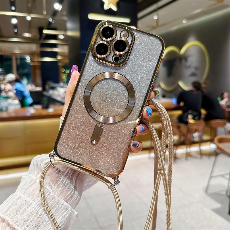 Magnetické pouzdro Crossbody Lanyard Gradient Glitter pro iPhone 14 13 12 11 Pro Max /Samsung S23 S22 Ultra S21 Plus Magsafe Plating Soft TPU zadní kryt