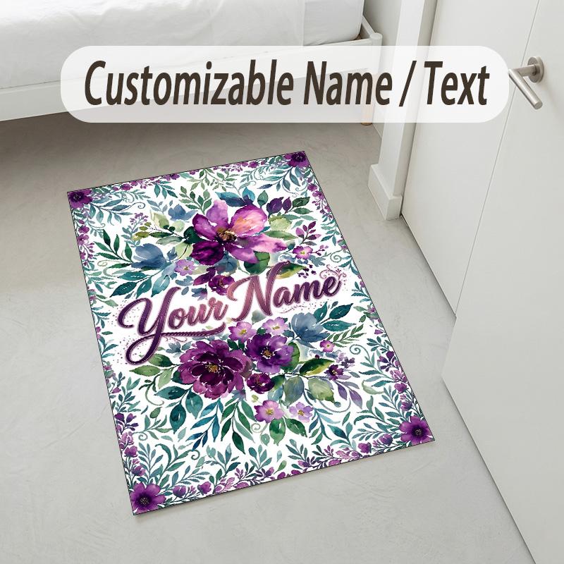 Floral Theme Soft Crystal Velvet Rug Custom Name & Text Print Non Slip Floor Rug for Bedroom Living Room