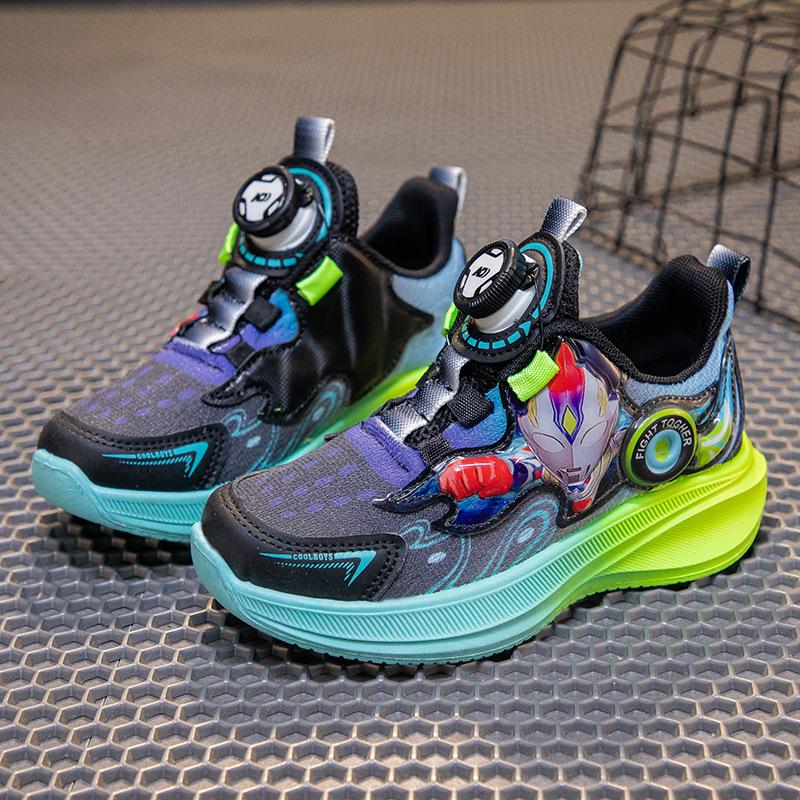 Spring Cartoon Boys Running Shoes with Rotating Buckle Kids Breathable Soft Sole Casual Sneakers