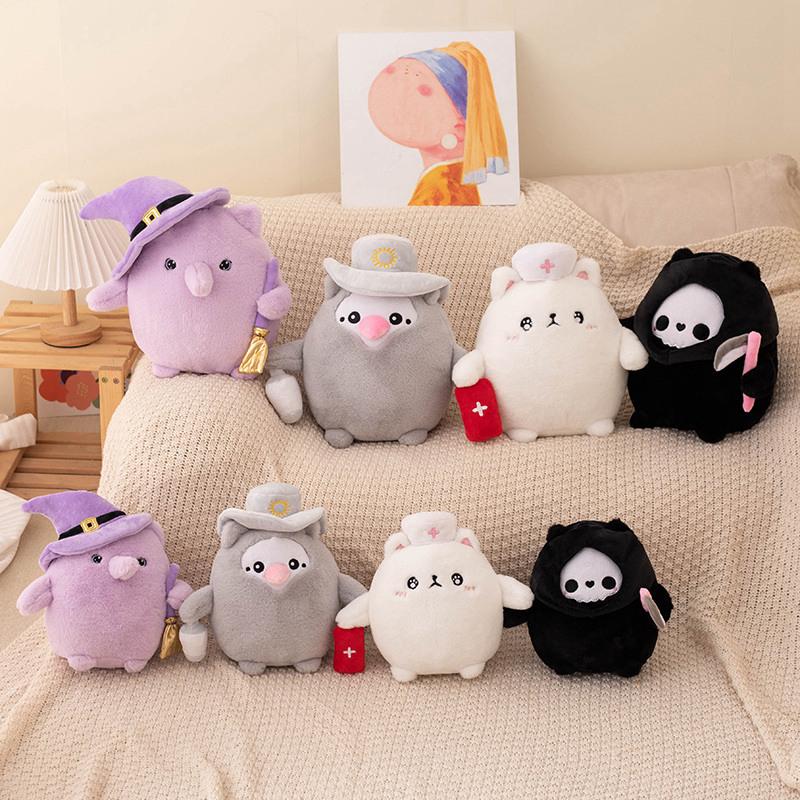 Süße Katze Cosplay Pest-Krankenschwester Arzt Hexe Tod Plüschtiere Spielzeug Weiße Schwarze Katzen Weiche Kuschelpuppe Halloween-Geschenk für Mädchen Jungen
