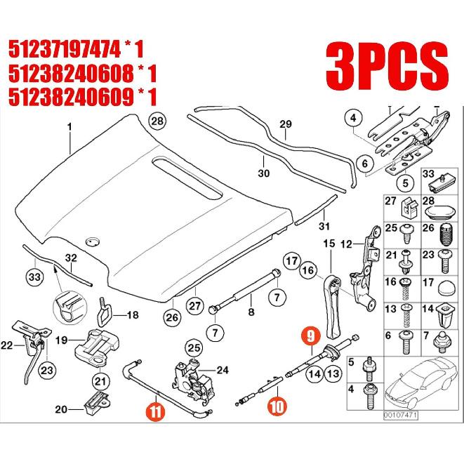 3 Pcs Center + Rear + Front Hood Release Bowden Cable Kit for BMW 7er E65 E66