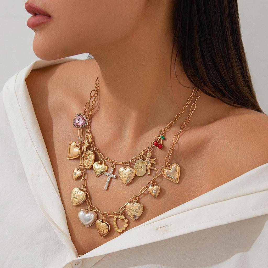 European-American Love Pendant Alloy Necklace with Diamond Cross Clavicle Chain, Stacking Style