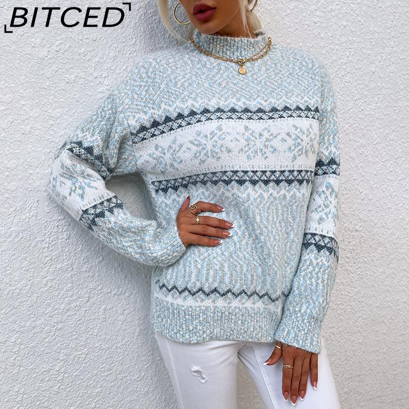 

BITCED Christmas Knitwear Autumn/Winter Half-Turtleneck Snowflake Sweater for Women XL синий