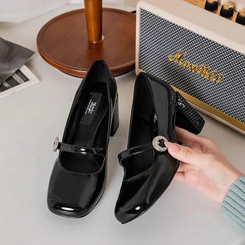 Black Retro High Heels 2025 Summer Round Toe Women's Mary Jane Sweet Fashion Shoes Women's Thick Heels