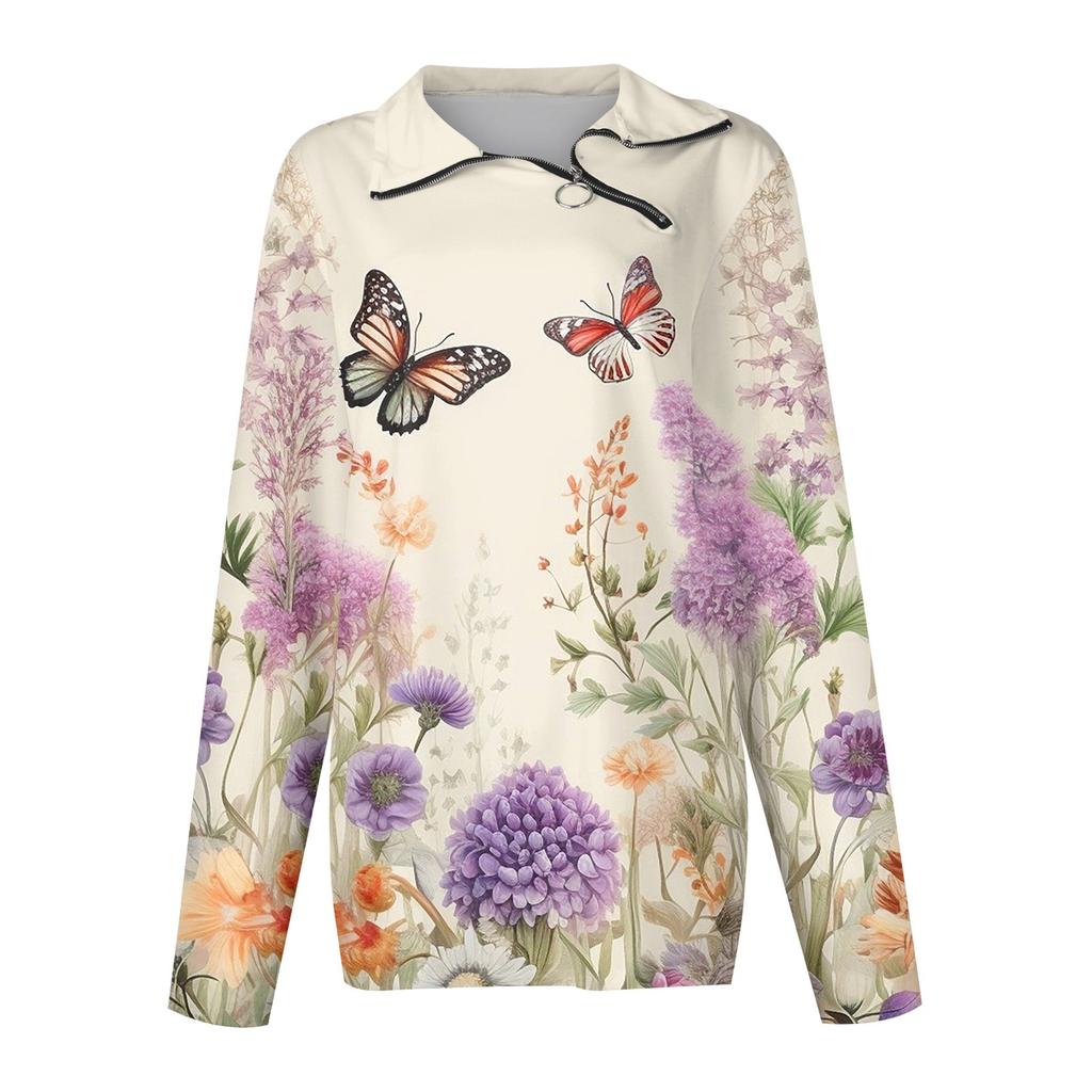 Damen Herbst und Winter Top mit Reißverschluss, lässiges Langarm-Top mit Retro-Blumendruck