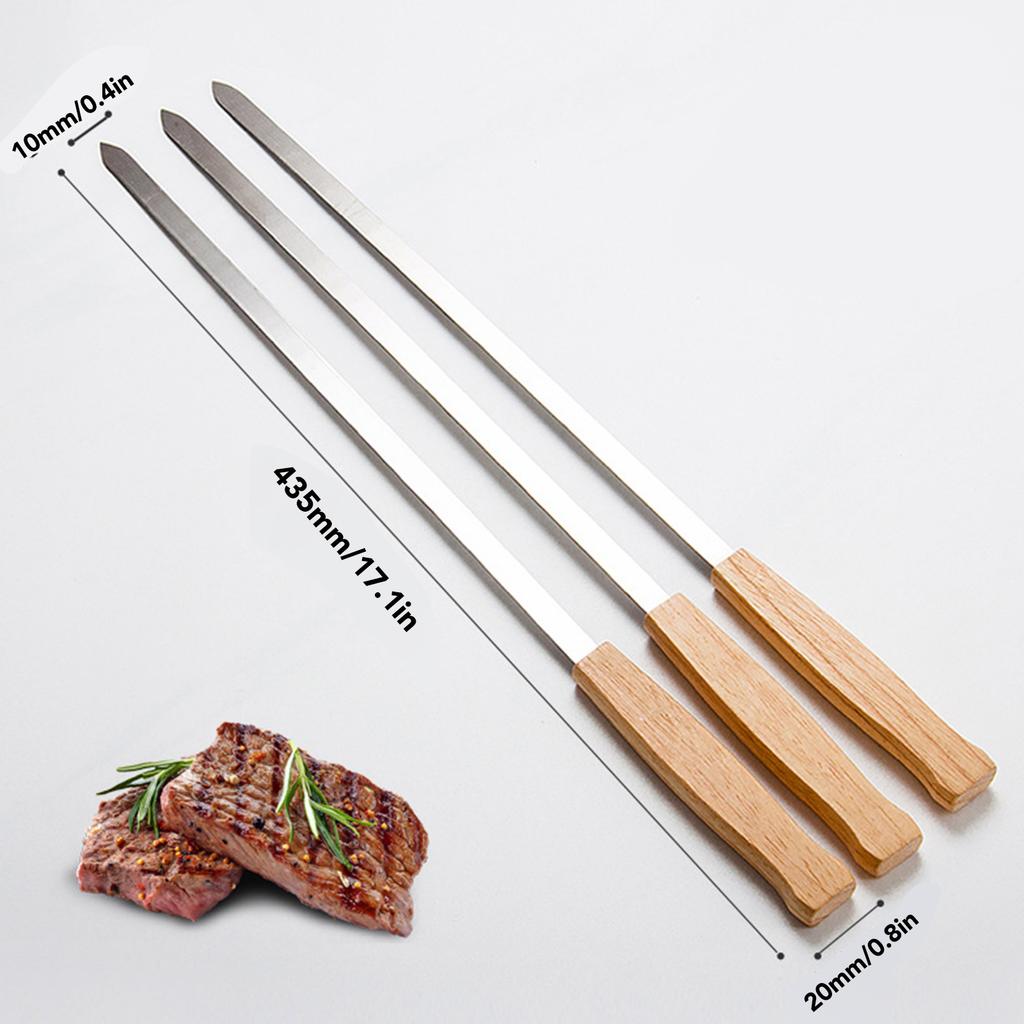 8PCS Barbecue Skewers Stainless Steel BBQ Roasting Sticks with Wood Handle for Camping Grill