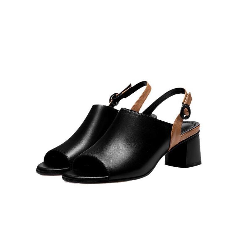 Sandals Summer New Leather High-heeled Real Soft Leather Thick Heel Large Size European and American Fish Mouth Fashion Sandals