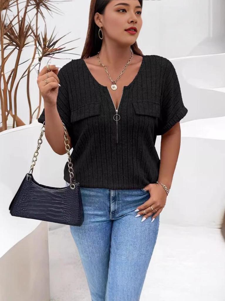 2025 Spring/Summer Plus Size Women's Solid Color Zipper Short Sleeve Fake Pocket Loose Pullover Top