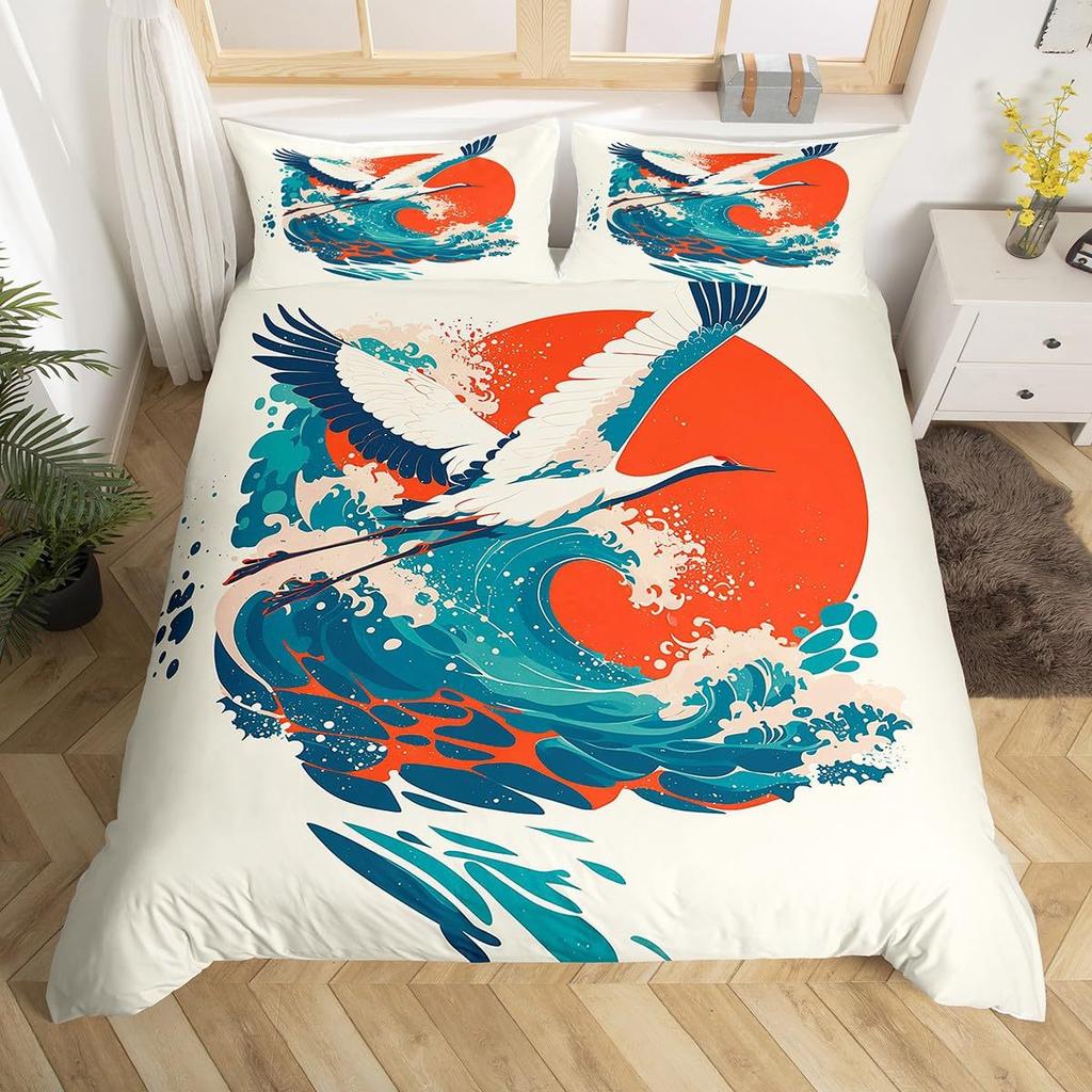 Crane Duvet Set Japanese Tree Bedding Three-Piece Room Decoration Animal Ukiyo-E Style Quilt Cover