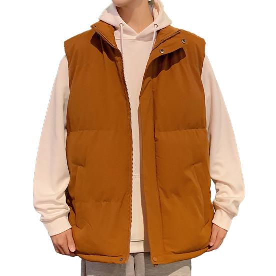 Men Cotton Waistcoat Stand Collar Sleeveless Pockets Quilted Vest Coat Solid Color