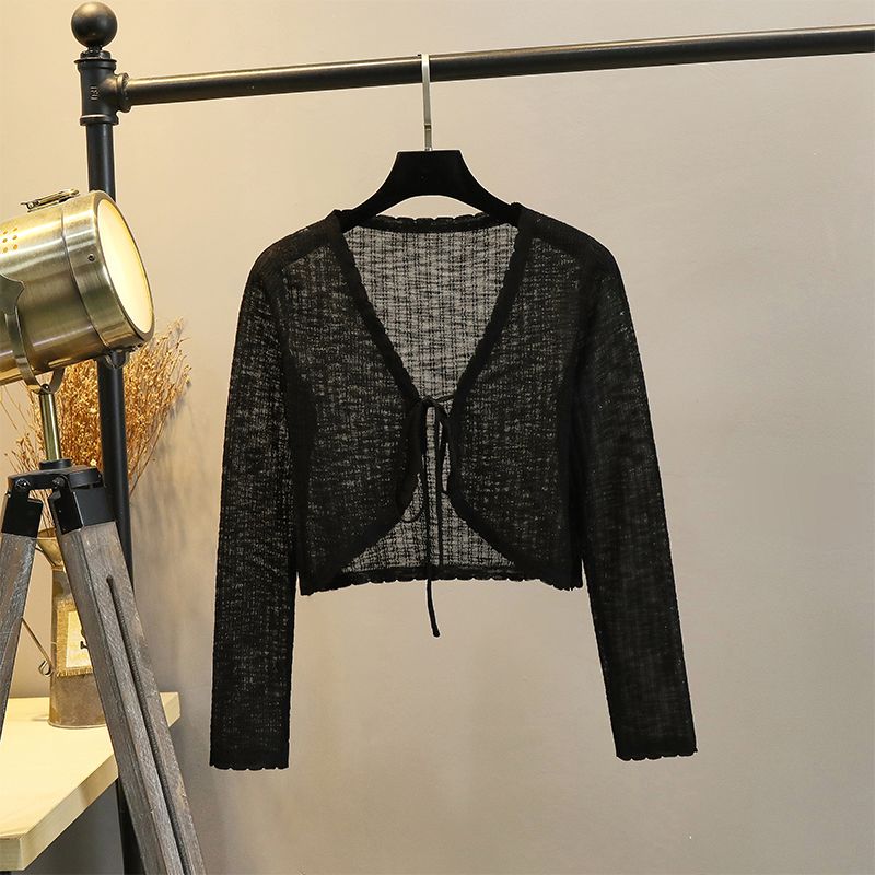 Bows Sun Protection Knit Cardigan Women's Summer Thin Small Waistcoat Short Outer Matching Halter Skirt Shawl Blouse
