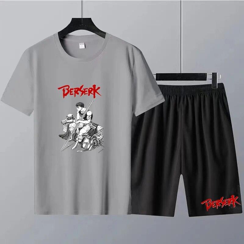 Japanese Anime Berserk Print Men's Round Neck T-shirt Sets Summer T-Shirt Shorts 2pcs Set Oversized Tracksuit Casual Men Clothes