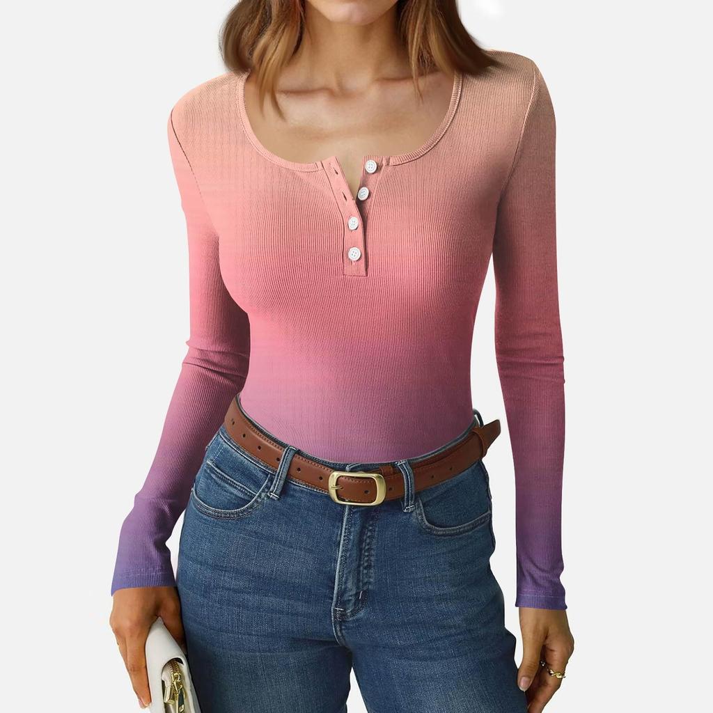 Dámské tričko s úzkým spodním lemem Módní ležérní s gradientním potiskem Kulatý výstřih Pulovr Dlouhý rukáv Top