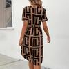 V-Neck Summer A-Line Plaid Dress Women High Waist Slim Fit Short Sleeve Casual Comfortable Flowing Mid Length Belt S-XL Vacation Seaside Dress