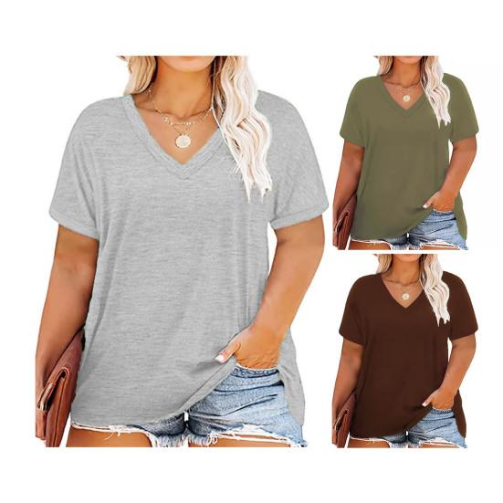 Women T-shirt V-neck Short Sleeve Loose Fit Tee Shirt Solid Color Casual Breathable Pullover Tops Daily Wear