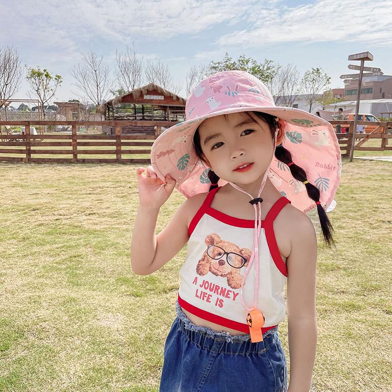 Anti Uv Kids Summer Baby Sun Hat Printed Whistle Shawl Hat For Girls Boys Outdoor Neck Ear Cover Beach Cap