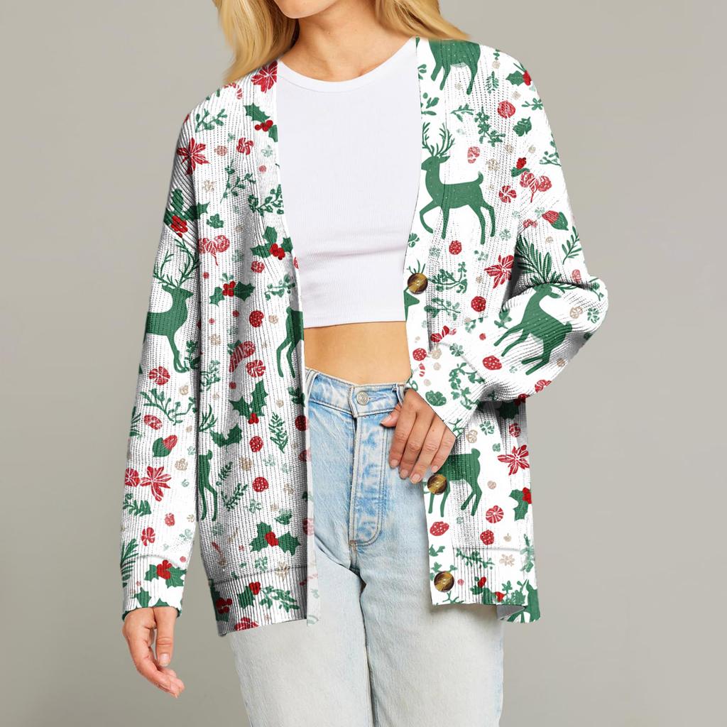 Women's Fashion Long Sleeve Print V-Neck Button Loose Cardigan Top