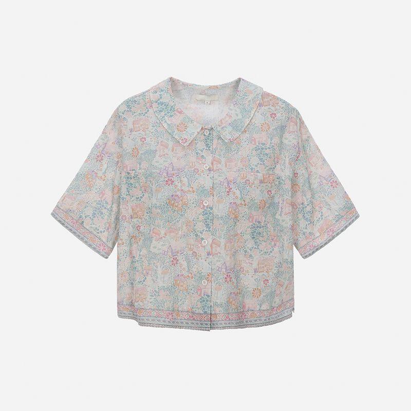 

Nuo Xiaola Genuine 2025 Summer New South korea Brand Island Doll Collar Cotton Floral Short sleeve Shirts Pink blue floral S