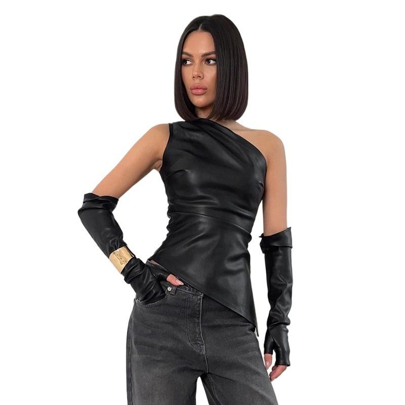 2025 Women's Street Fashion PU Leather Sleeveless Vest with Asymmetric Collar