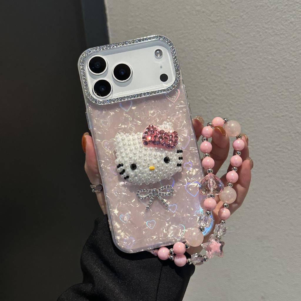 Applicable to Apple 17promax cute mobile phone case iphone15 large hole love shell pattern kt cat head 14 bracelet