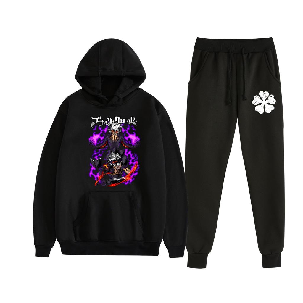 Europe, America, Autumn and Winter Black Four-leaf Clover Peripheral Two-dimensional Men's and Women's Leisure Sports Fleece Hooded Sweater Set 